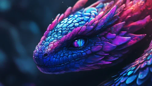 Neon dragon portrait glows with iridescent cosmic scales.