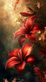 Crimson Lilies Ignite Against Golden Luminescence