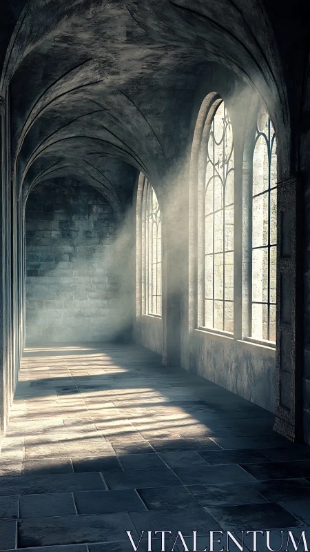 Soft light streams into a quiet gothic stone corridor