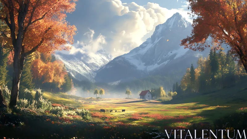Autumn alpine meadow with cottage under snow-capped mountain light