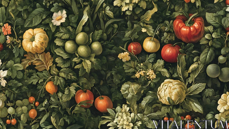 Vegetables and leaves arranged in dense garden pattern.