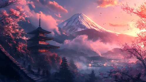 Mountain landscape frames tiered pagoda under evening sky