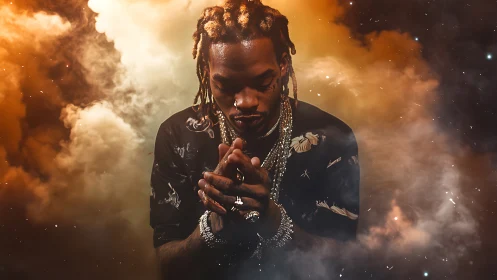Pensive rapper stands in glowing cosmic smoke and shadow