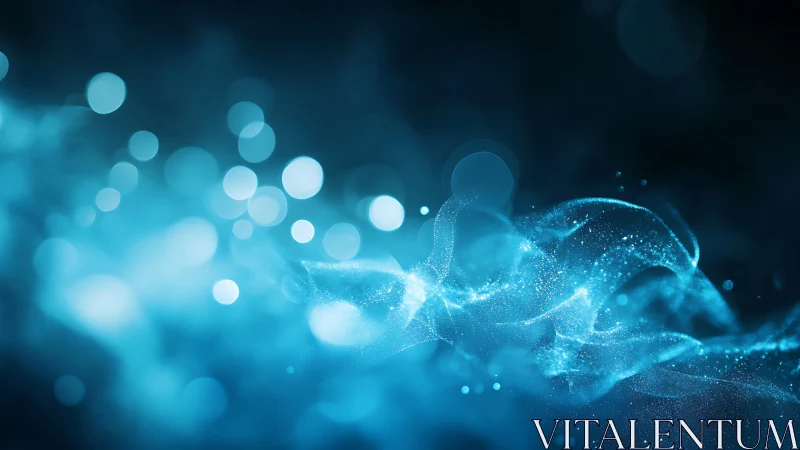 Abstract blue digital wave with glowing particles and bokeh lights.