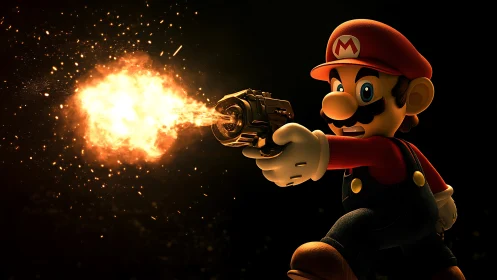 Fiery cartoon hero strides forward with a blazing power shot