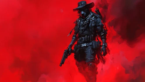 Gun-toting shadow ranger strides through boiling crimson storm