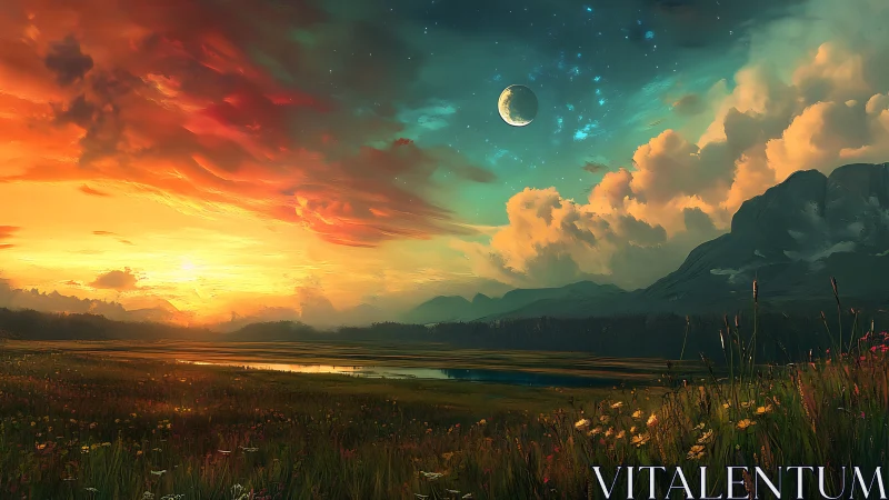 Dual sky over luminous valley in tranquil fantasy dusk.