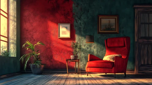 Red armchair in moody sunlit living room corner interior.