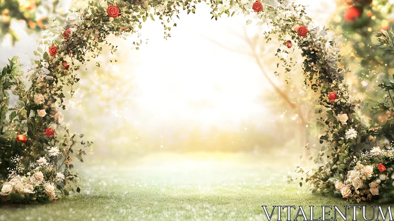 Sunlit garden arch where soft blossoms invite daydreams.