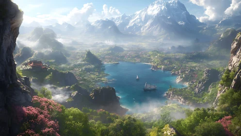 Alpine Valley Landscape with Glacial Lake and Mountain Formations.