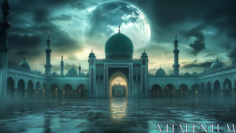 Moonlit emerald mosque courtyard under cinematic storm sky.