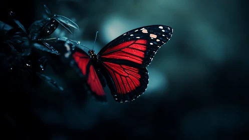 Macro red butterfly on leaf in low key cyan bokeh forest