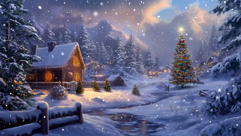 Snowy mountain village with glowing Christmas tree at dusk.