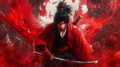 Samurai swordsman in red kimono amid dynamic crimson battlefield