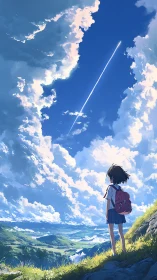 Schoolgirl watches vapor trail cut through bright summer sky