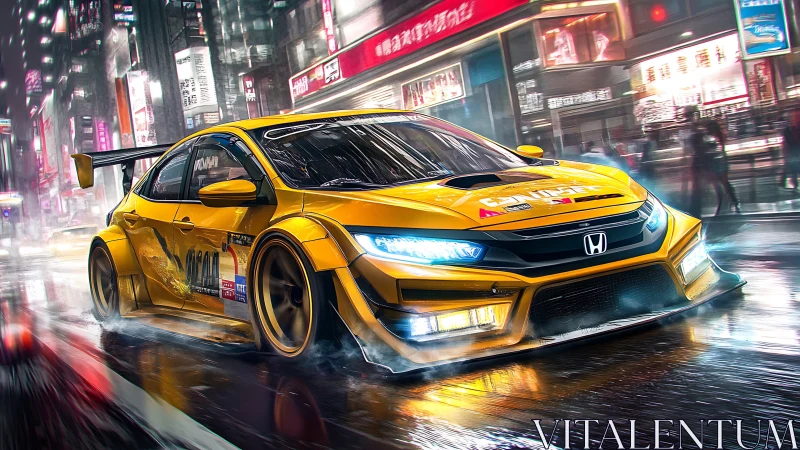 Neon-lit tuner Honda Civic races through hyperreal wet city streets