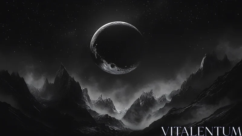 Moonlit alien peaks rise quietly under a deep starry sky