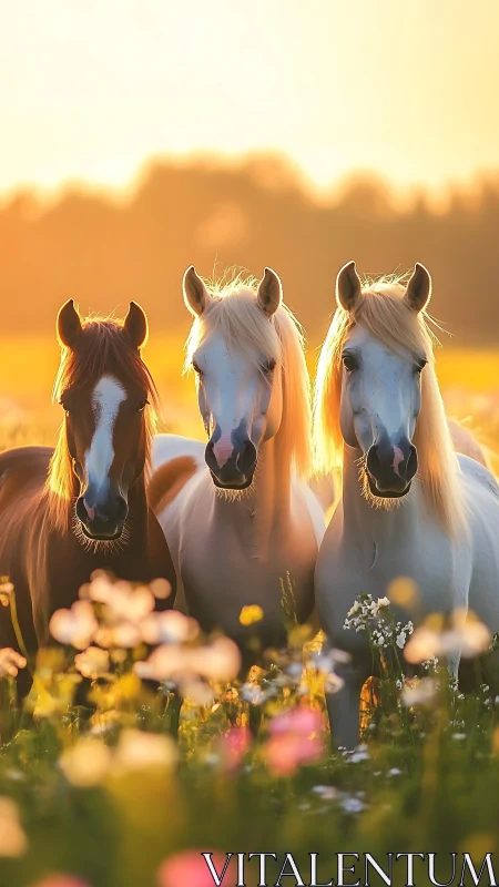 Three horses stand in a sunlit field of wildflowers