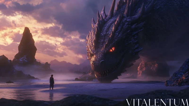 Human figure facing large dragon on misty coastal shore.
