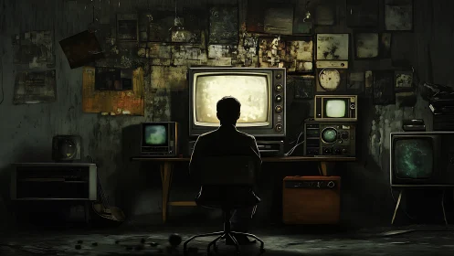 Solitary figure before vintage monitors in dim workspace.