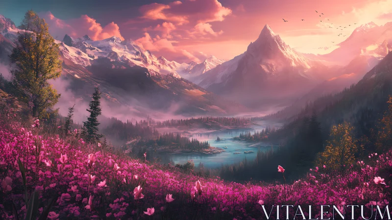 Alpine valley with pink wildflower meadow at cinematic sunset.