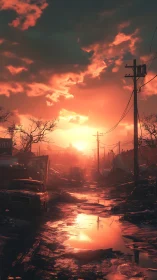 Post-collapse shantytown corridor under incendiary sunset glow.