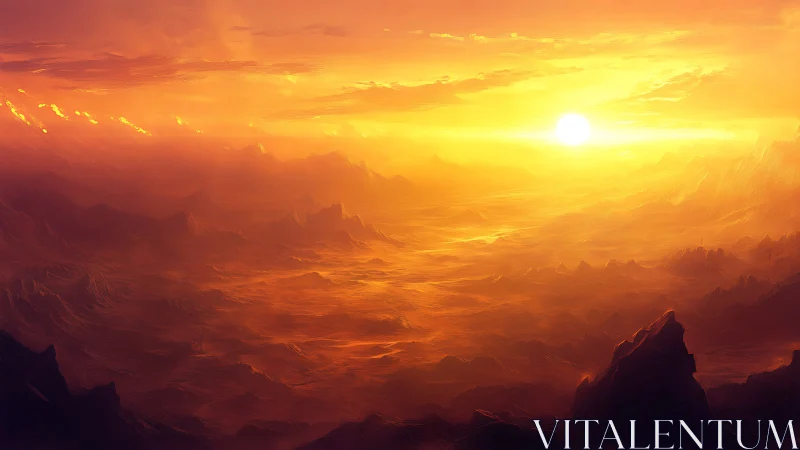 Distant sun above expansive orange desert basin at dusk.