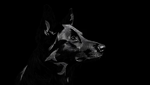 Monochrome side profile illustration of a German Shepherd.