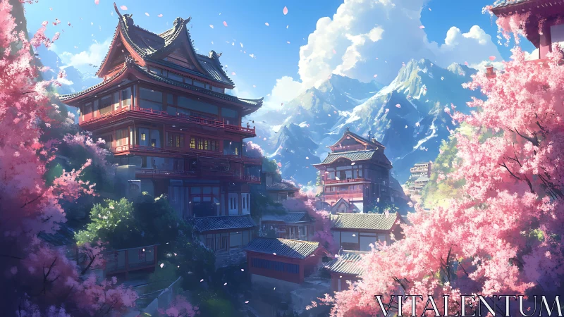 Cherry blossom citadel beneath story-drenched mountain skies.