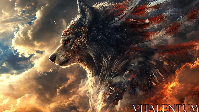 Mythic armored wolf profile with plume-like fiery feather mantle