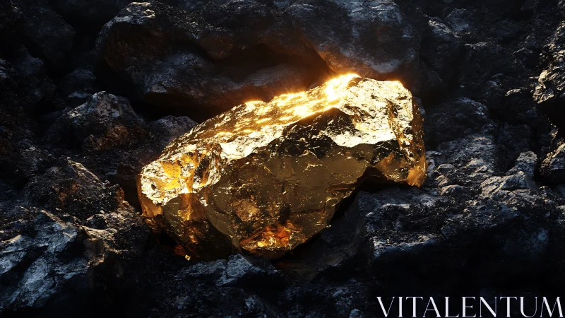 Luminous gold boulder blazing like treasure in dark stone.
