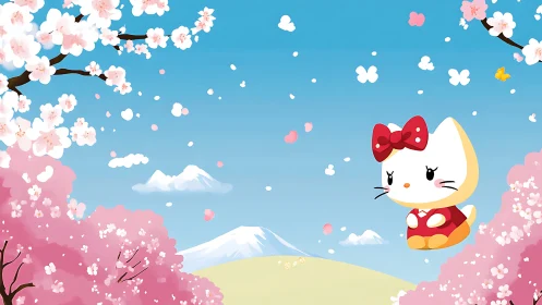 Kawaii cat mascot in cherry blossom valley with Mt. Fuji.