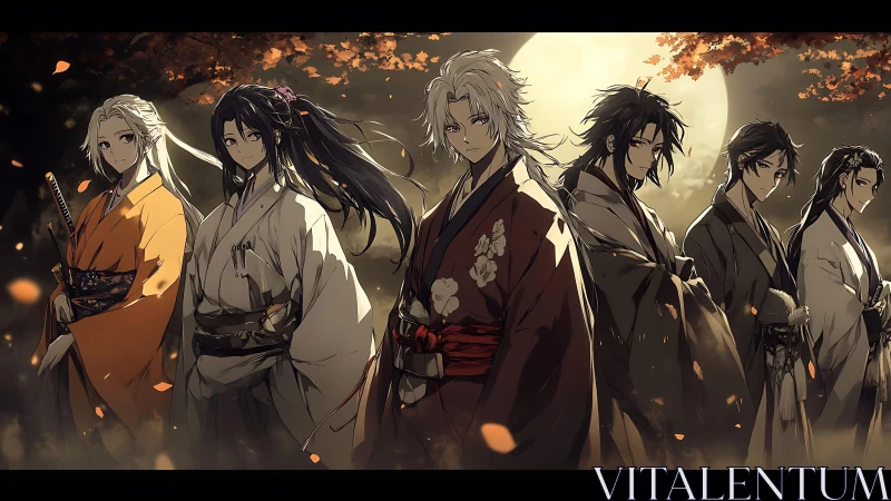 Moonlit samurai ensemble in layered autumnal kimonos.