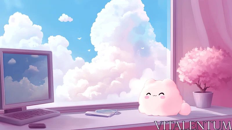 Cute cloud plush rests on pastel desk under bright sky