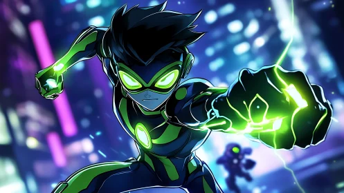 Neon suited cyber hero lunges forward through glowing city