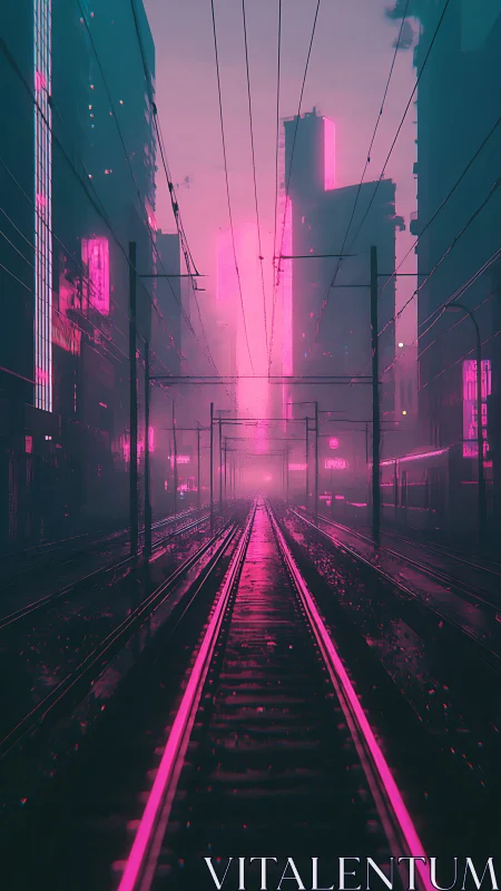 Neon rails dissolve into foggy electric midnight horizon.