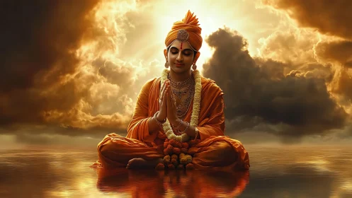 Digital painting of serene orange-robed yogi on glowing water.