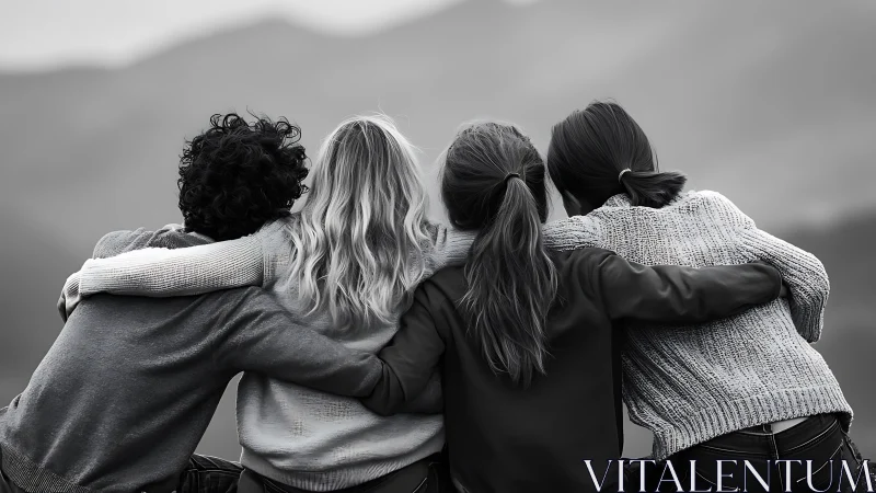 Four Friends Embracing Outdoors in Black and White Style.