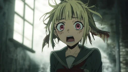 Anime student with shocked expression in dim interior scene.