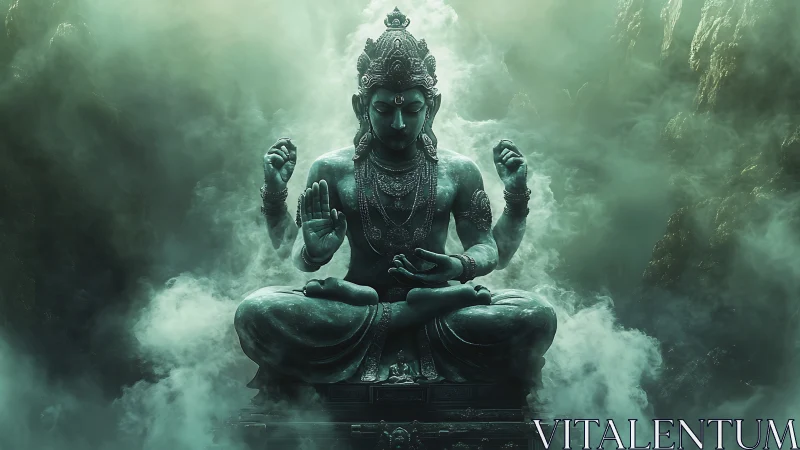 Mystic stone deity sits in swirling emerald mountain fog