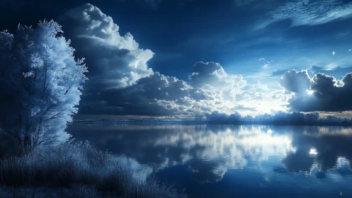 Frozen shoreline trees reflect in still blue lake under clouds