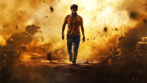 Male figure strides through urban explosion with dynamic debris field