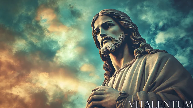 Sky-brushed stone savior beneath storm-kissed evening clouds.