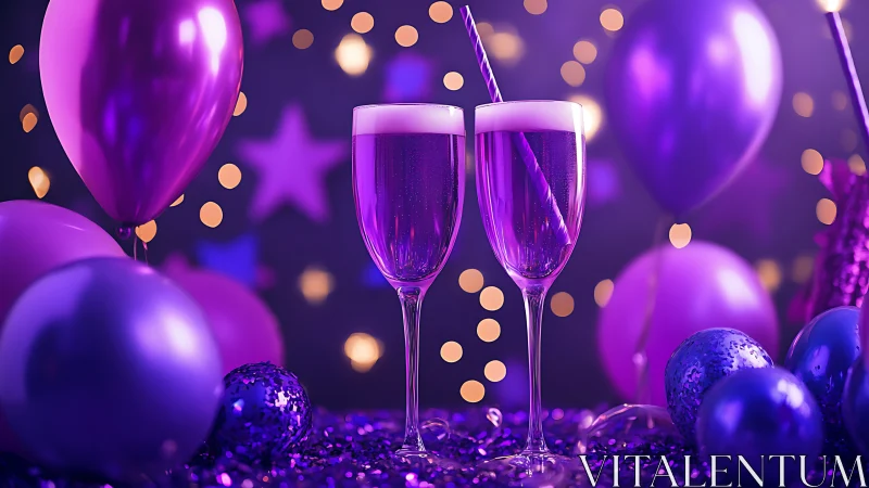 Vibrant Celebration Still Life with Purple Bokeh and Champagne Glasses.