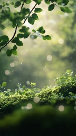 Forest floor vegetation with deciduous branch and diffused bokeh background light