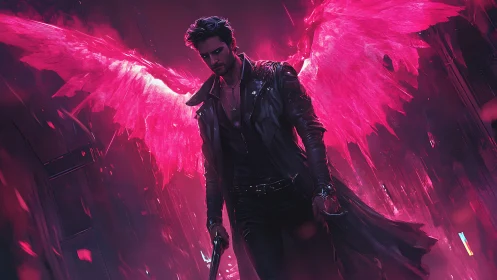 Neon-winged vigilante descending through crimson cityscape.