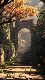 Ancient stone stairway ascends through sunlit ruin archway
