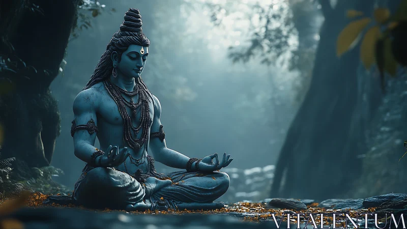 Meditating blue deity in mist-laden forest with cool teal light.