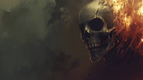 Flaming skeletal portrait rendered in high-contrast chiaroscuro tones