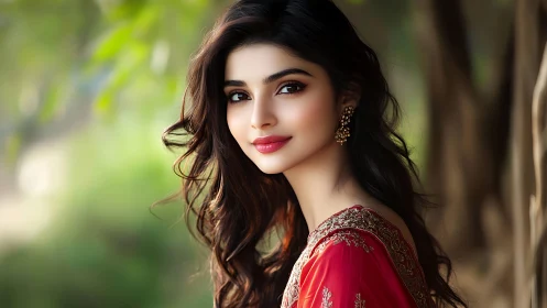 Portrait of woman in red sari rendered in soft photorealism